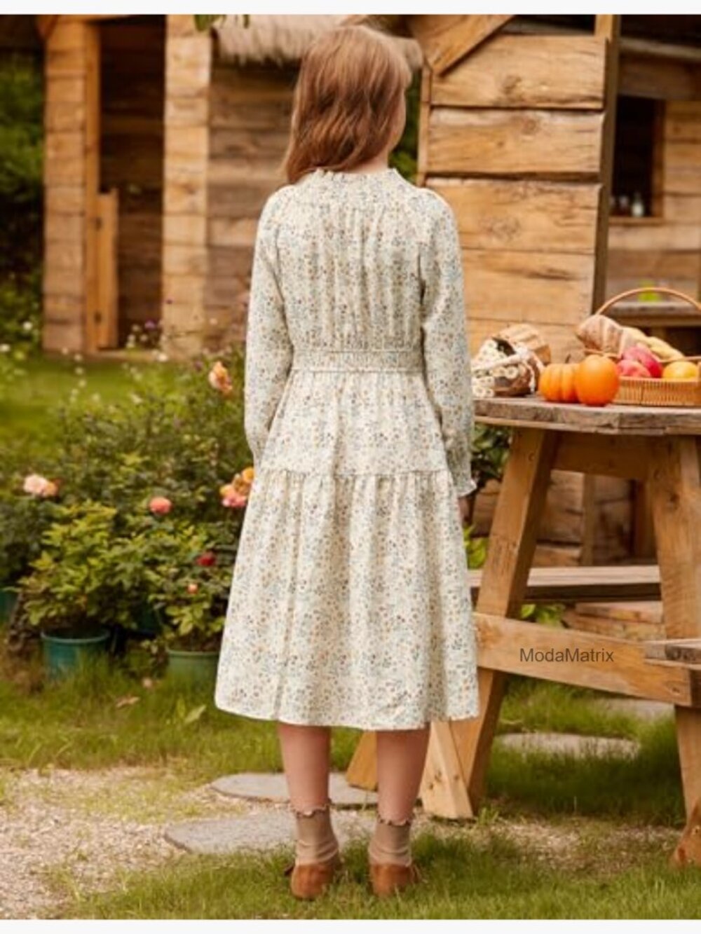 Girls Long Sleeve Floral Midi Dress High Waist Pockets - Picture 3 of 6
